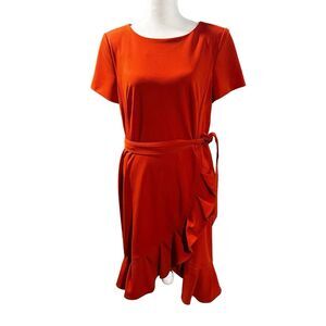 Calvin Klein Women's Orange Ruffle Hem Belted Dress Size 10